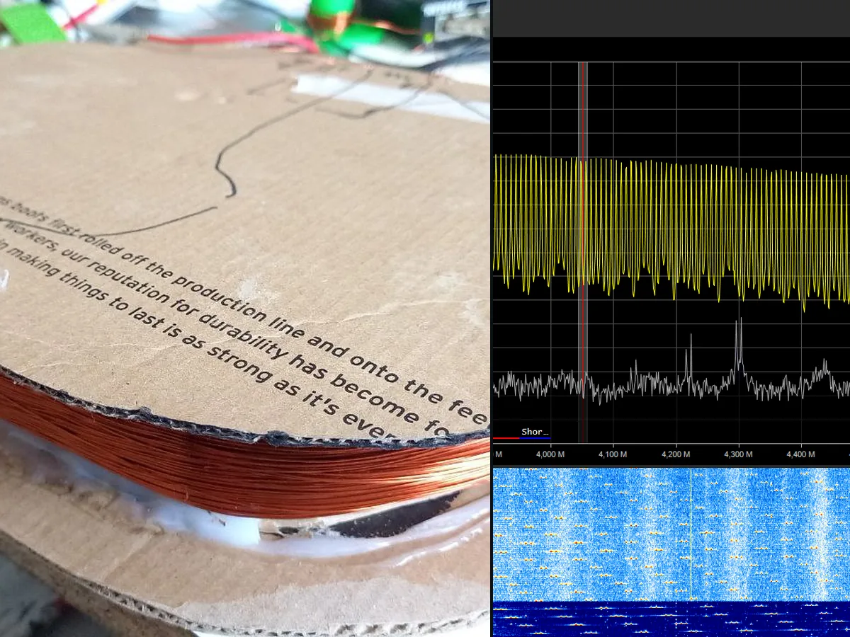 Coil of a railway balise next to a spectrum capture with its waterfall